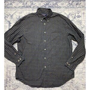 Roundtree & Yorke Navy Plaid Button-Down Shirt Large 100% Cotton Long Sleeve